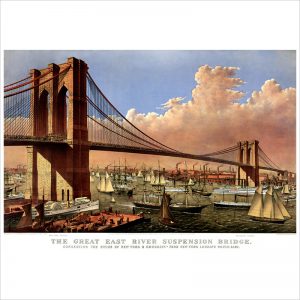 The great East River suspension bridge: connecting the cities of New York & Brooklyn From New York looking south-east.